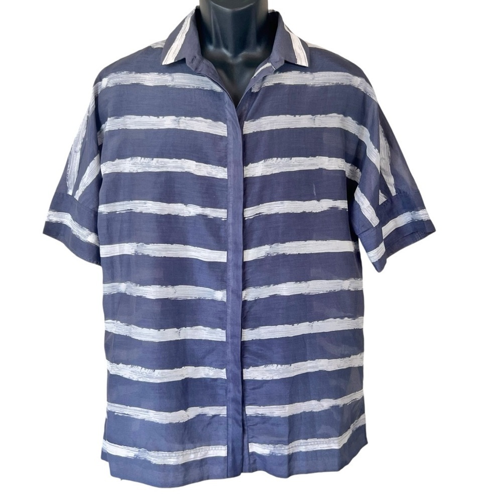 Lafayette 148 Cotton/Silk Blend Gray and White Striped Hi Low Blouse - Picture 1 of 12